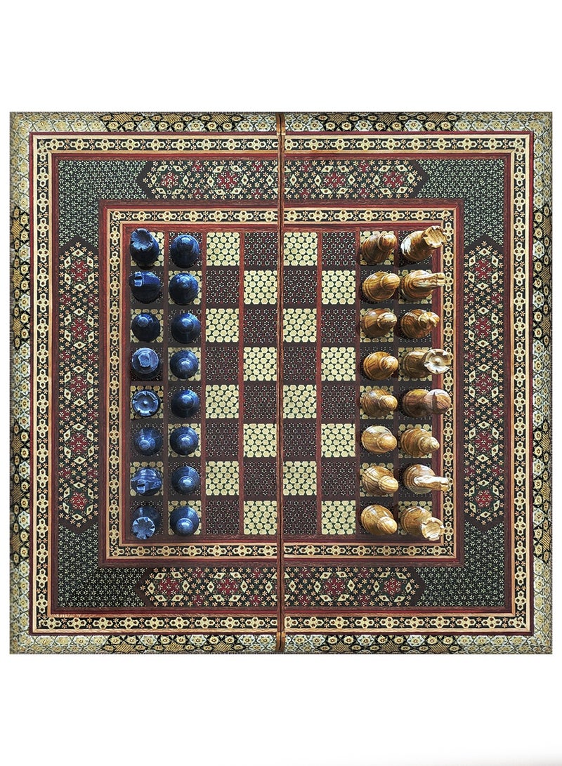 MARGOUN Handmade Persian Khatam Chess Set with Backgammon and Marble Stone Pieces – A Timeless Masterpiece 50x50cm - Image 2