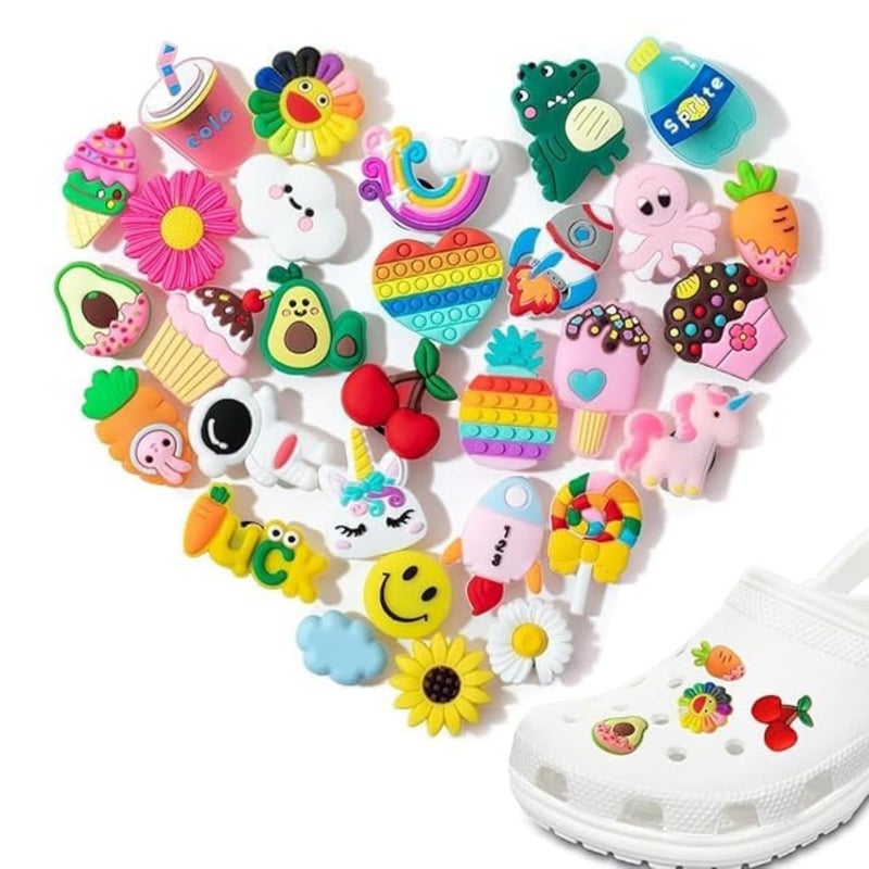 Clog Slipper Charms – 30PCS Assorted Cartoon Rubber Charms for Girls | Cute Shoe Charms for Clogs, Slippers, Sandals | Fashion Decoration Accessories for Kids, Teens | Adults