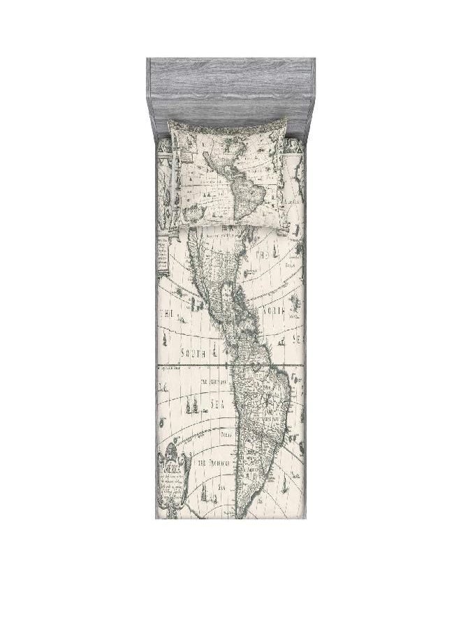 Ambesonne - Ambesonne World Map Fitted Sheet & Pillow Sham Set, Antique Map America in 1600s World in Medieval Time Era in Retro Style, Decorative Printed 2 Piece Bedding Decor Set, Twin, Cream Grey - Image 1
