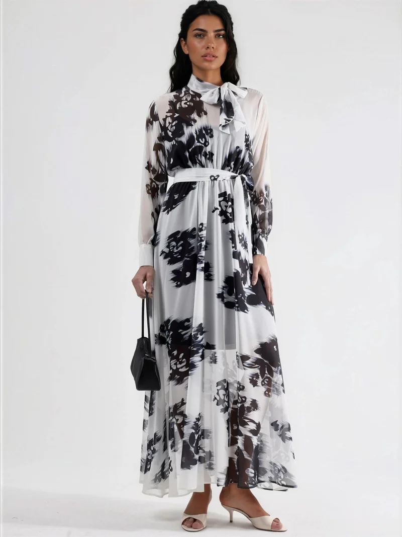 Jennyfer Floral Maxi Dress with Button Closure and Tie Detail