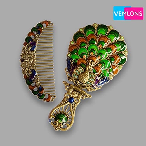 Vemlons Antique Peacock Hand Mirror and Comb Set for Girls - Beautiful Handicraft Compact Mirror - Image 4