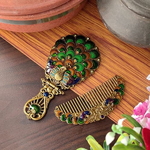 Vemlons Antique Peacock Hand Mirror and Comb Set for Girls - Beautiful Handicraft Compact Mirror - Image 1