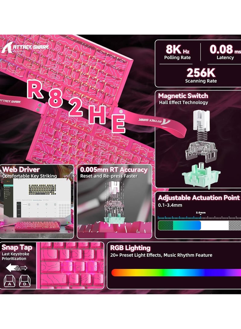 هجوم القرش لوحة مفاتيح الألعاب الميكانيكية السلكية R82HE Rapid Trigger TKL NKRO RGB مع استطلاع 8K ودقة 0.005 مم ومعدل مسح 256 كيلوبت في الثانية و5 طبقات من امتصاص الصوت ومفتاح مغناطيسي بتأثير هول لأجهزة الكمبيوتر الشخصية وأجهزة ماك (Rose Contour) - Image 2