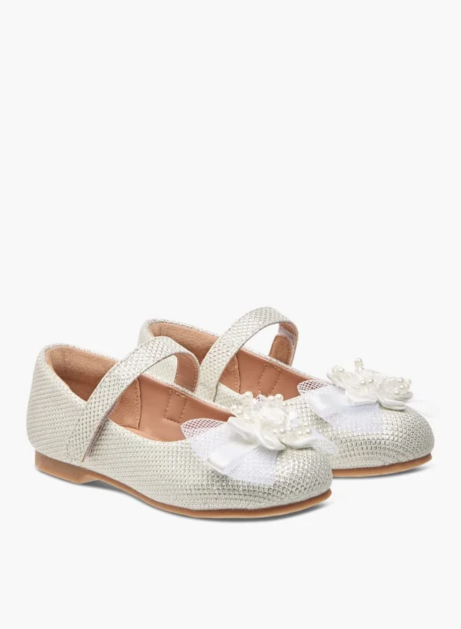 جونيورز حذاء باليرينا بناتي مزين بالزهور مع إغلاق بشريط لاصق