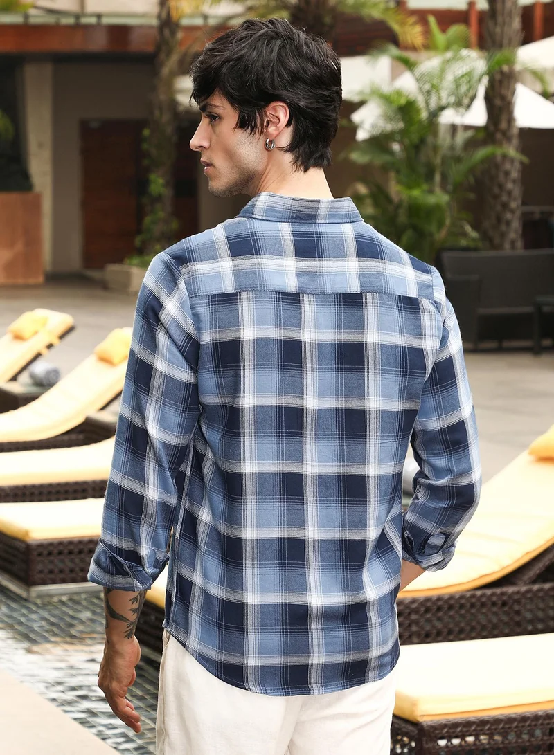 Campus Sutra Men's Navy Blue & Off-White Multi-Checkered Shirt For Casual Wear | Spread Collar | Long Sleeve | Button Closure | Shirt Crafted With Comfort Fit For Everyday Wear