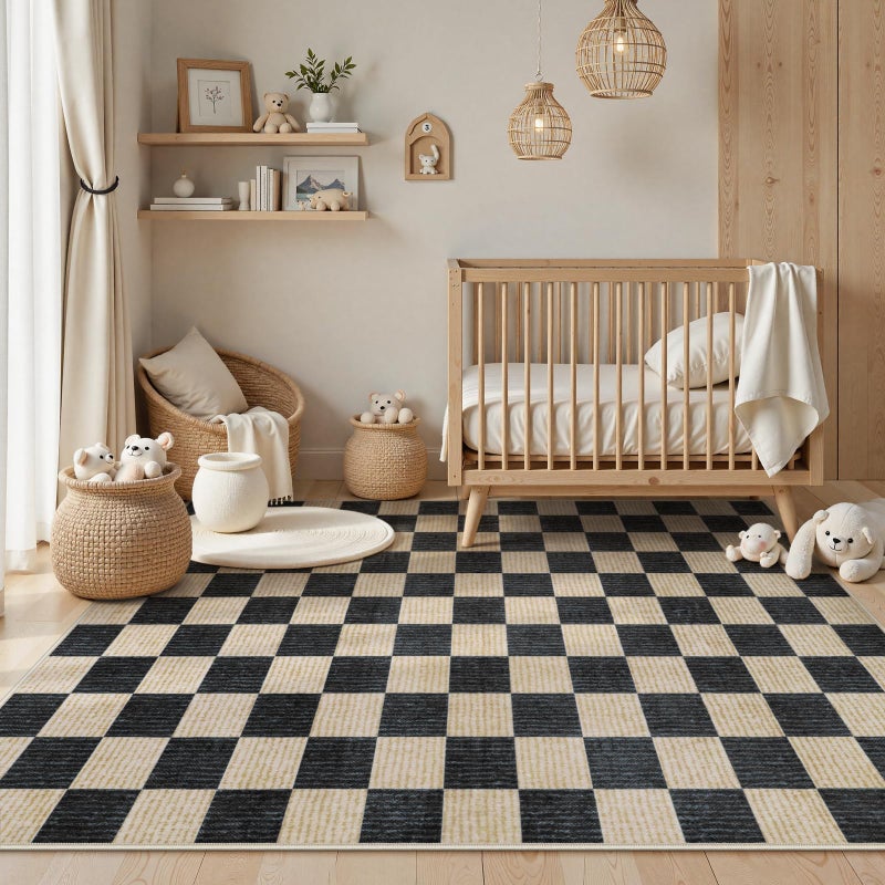 LIVEBOX Machine Washable 5x7 Area Rugs for Living Room Checkered, Non Slip Soft Low Pile Farmhouse Geometric Modern Neutral Playroom Boys Rugs for Bedroom, Large Carpet Rugs for Dining Room(Black,5'x7') - Image 4