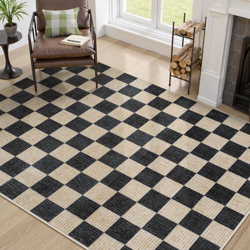 LIVEBOX Machine Washable 5x7 Area Rugs for Living Room Checkered, Non Slip Soft Low Pile Farmhouse Geometric Modern Neutral Playroom Boys Rugs for Bedroom, Large Carpet Rugs for Dining Room(Black,5'x7') - Image 2