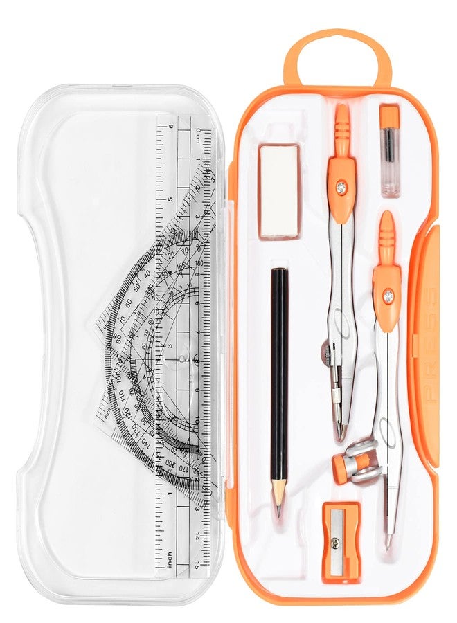 Vobou 10 Pieces Math Geometry Kit Set Student Supplies with Shatterproof Storage Box,Includes Rulers,Protractor,Compass,Eraser,Pencil Sharpener,Lead Refills,Pencil,for School and Drawings（Orange） - Image 1