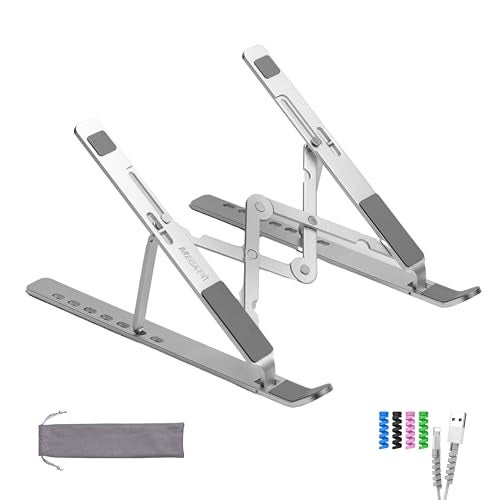 MegaStro® Laptop Stand for Desk with 7 Adjustable Angles, Aluminum Ergonomic Foldable Portable Compatible with All Brands 6-17.3 [with Pouch] [with Wire Protectors] (Metallic Silver) - Image 1