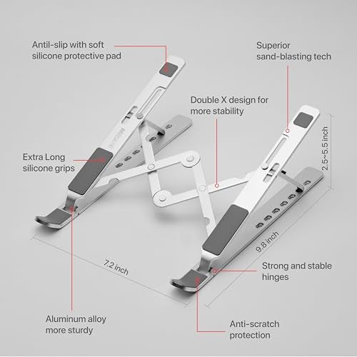 MegaStro® Laptop Stand for Desk with 7 Adjustable Angles, Aluminum Ergonomic Foldable Portable Compatible with All Brands 6-17.3 [with Pouch] [with Wire Protectors] (Metallic Silver) - Image 2