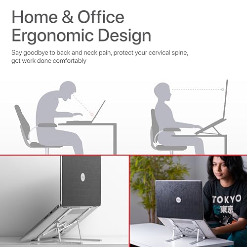 MegaStro® Laptop Stand for Desk with 7 Adjustable Angles, Aluminum Ergonomic Foldable Portable Compatible with All Brands 6-17.3 [with Pouch] [with Wire Protectors] (Metallic Silver) - Image 5