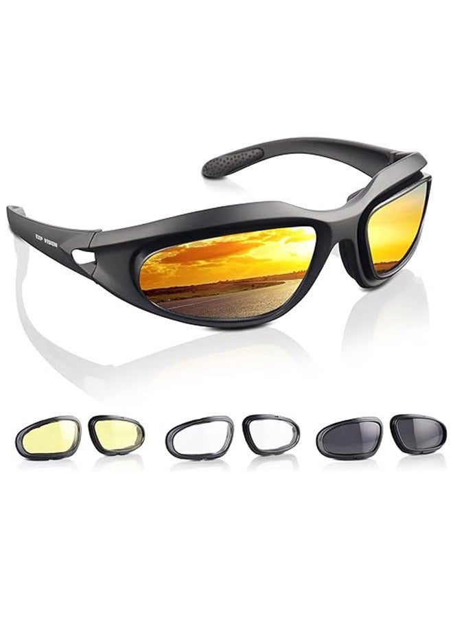 Polarized Motorcycle Riding Goggles, Windproof Cycling Glasses UV400 Outdoor Sports Sunglasses Interchangeable Lenes for Running, Baseball Golf, Driving, Fishing, Riding, Mountain Bike, Hiking - Image 1