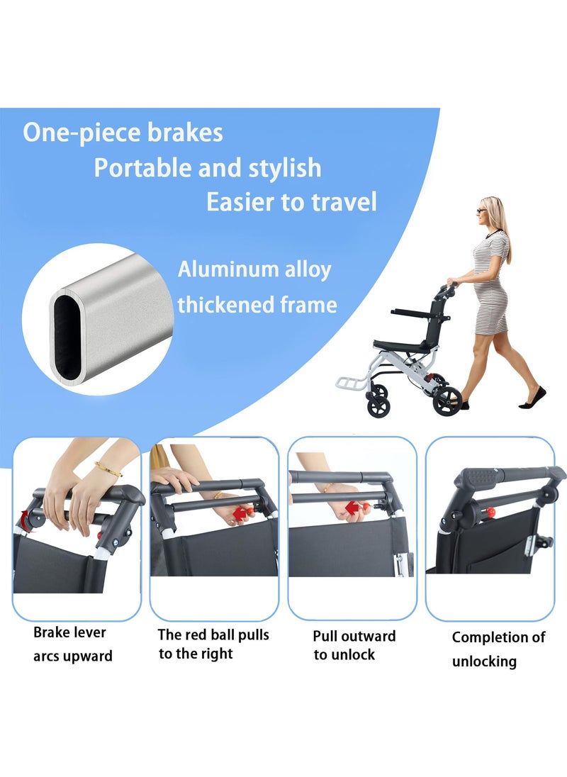 Super Lightweight 6.2 kg Portable Transport Wheelchair. Easy to Travel, User-Friendly Foldable, with Locking Hand Brakes, for Adults or Child up to 100kg Trolleys for Seniors Aircraft Travel