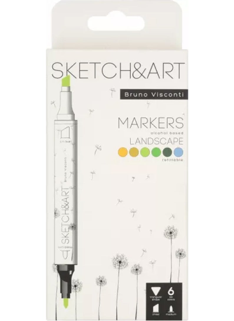 Bruno - Visconti Sketch Art Double Sided Markers 6 Colors Landscape 22-0081/08 - Image 1