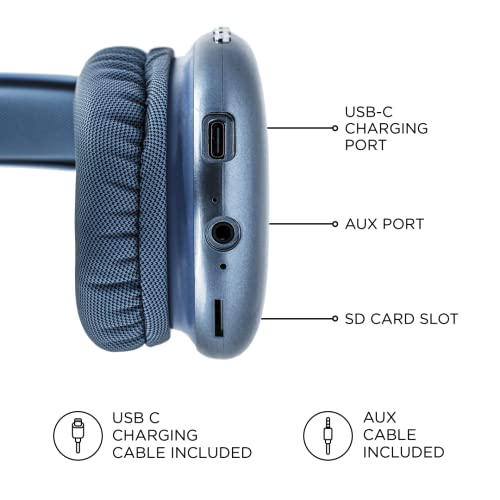 iJoy Ultra Wireless Headphones with Microphone- Rechargeable Over Ear Wireless Bluetooth Headphones with 10Hr Playtime, SD Slot, Backup Wire- Soft Cushion Wireless Headset with Mic (Blue) - Image 3