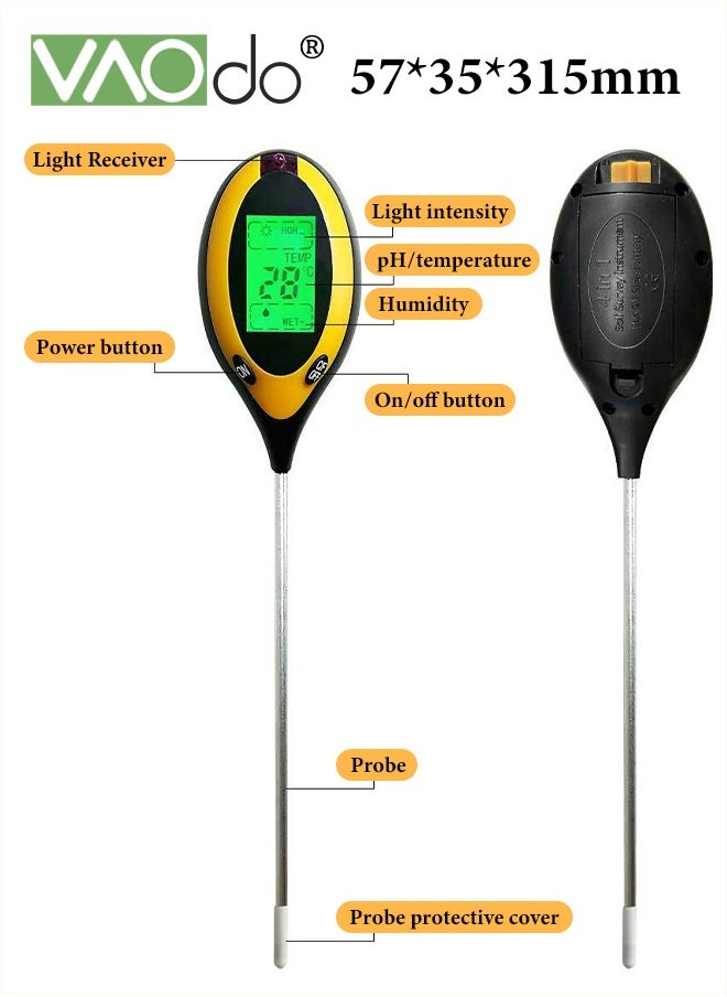 4-in-1 Soil Moisture Meter Digital PH Meter/Soil Moisture/Plant Temperature/Sunlight Intensity Backlight LCD Display Soil Test Meter for Garden Lawn Plant Care Farm and Indoor Outdoor Plants