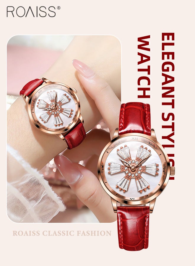 رويس ساعة كوارتز نسائية بحزام جلدي بقرص دائري بنمط زهرة دوارة مزين بألماس الزركونيوم، ساعة يد أنيقة مقاومة للماء كهدية للسيدات - Image 1