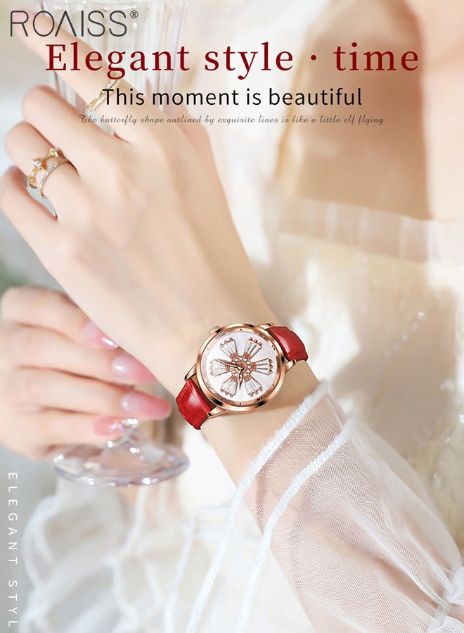 رويس ساعة كوارتز نسائية بحزام جلدي بقرص دائري بنمط زهرة دوارة مزين بألماس الزركونيوم، ساعة يد أنيقة مقاومة للماء كهدية للسيدات - Image 2