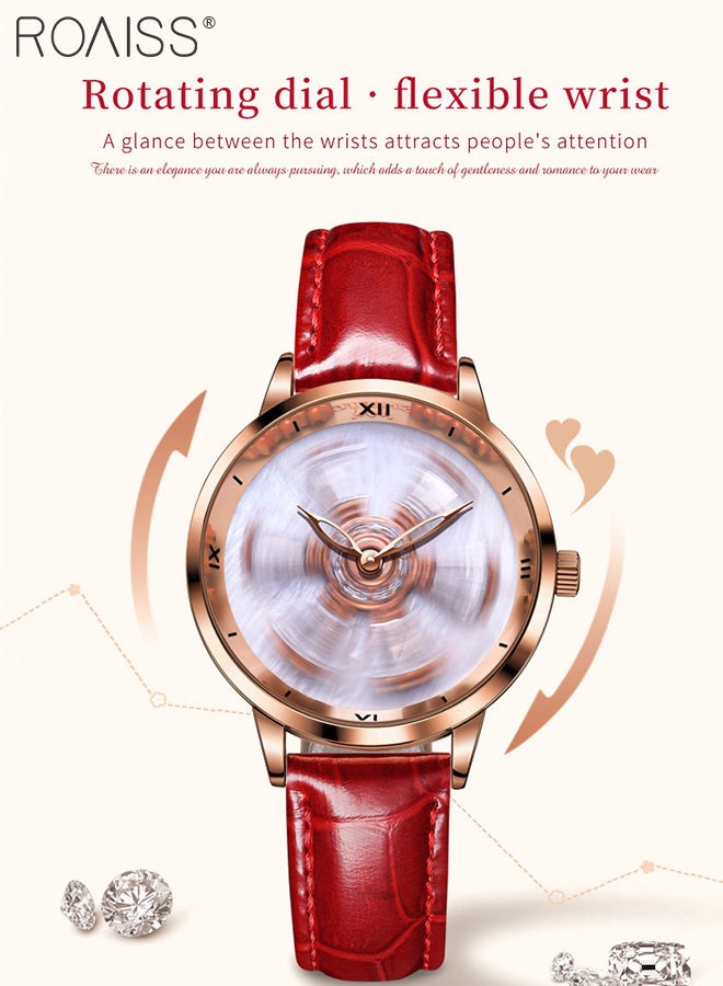 رويس ساعة كوارتز نسائية بحزام جلدي بقرص دائري بنمط زهرة دوارة مزين بألماس الزركونيوم، ساعة يد أنيقة مقاومة للماء كهدية للسيدات - Image 3