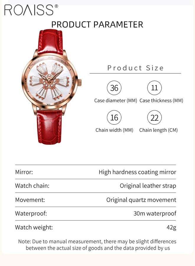 رويس ساعة كوارتز نسائية بحزام جلدي بقرص دائري بنمط زهرة دوارة مزين بألماس الزركونيوم، ساعة يد أنيقة مقاومة للماء كهدية للسيدات - Image 4