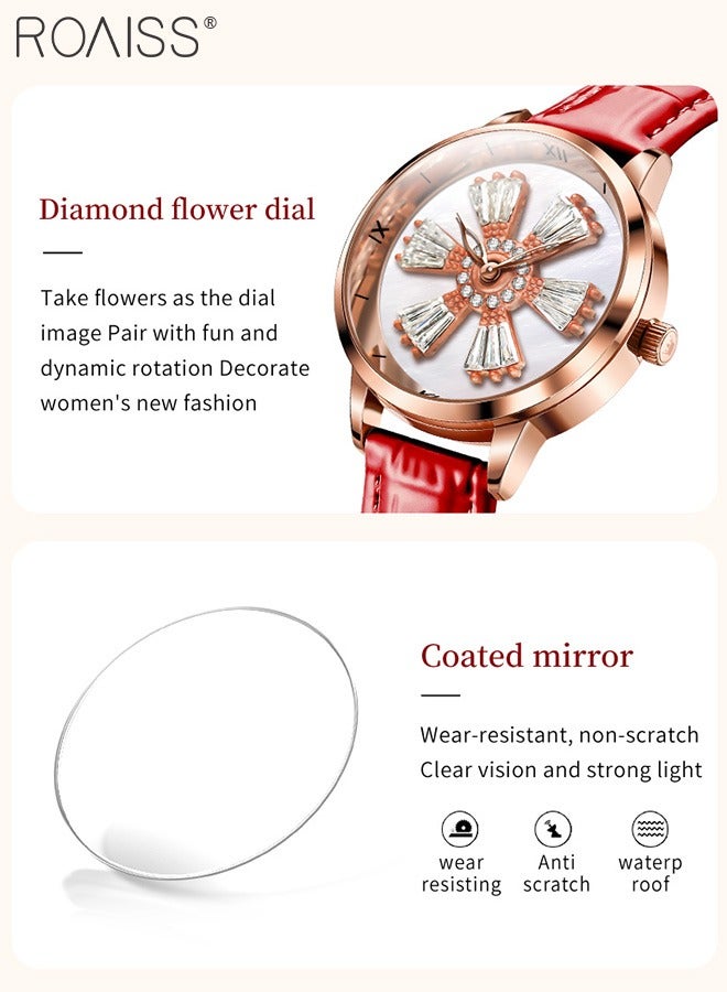 رويس ساعة كوارتز نسائية بحزام جلدي بقرص دائري بنمط زهرة دوارة مزين بألماس الزركونيوم، ساعة يد أنيقة مقاومة للماء كهدية للسيدات - Image 5