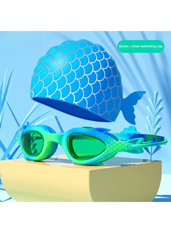 Generic Children's Swimming Goggles Anti-fog Boys And Girls Small Frame Goggles Swimming Training Diving Fish-shaped High-definition Waterproof Professional Equipment-Color:turquoise Fish-shaped Cartoon Blue Silicone Cap - Image 1