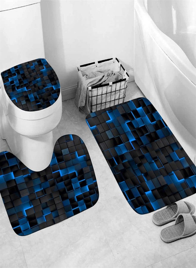 LQCOOL طقم ستائر حمام LQCOOL أزرق مكون من 4 قطع، بتصميم مكعبات ثلاثية الأبعاد، طقم ستائر حمام عصري مع سجاد، ستارة حمام سوداء وزرقاء مع 12 خطافًا. - Image 5