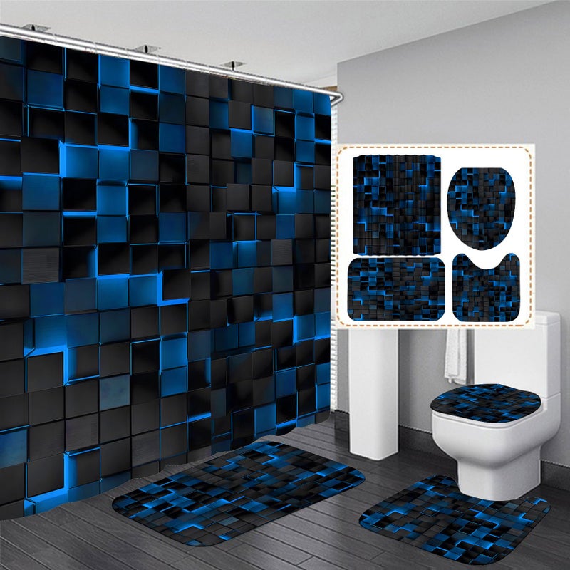 LQCOOL طقم ستائر حمام LQCOOL أزرق مكون من 4 قطع، بتصميم مكعبات ثلاثية الأبعاد، طقم ستائر حمام عصري مع سجاد، ستارة حمام سوداء وزرقاء مع 12 خطافًا. - Image 1