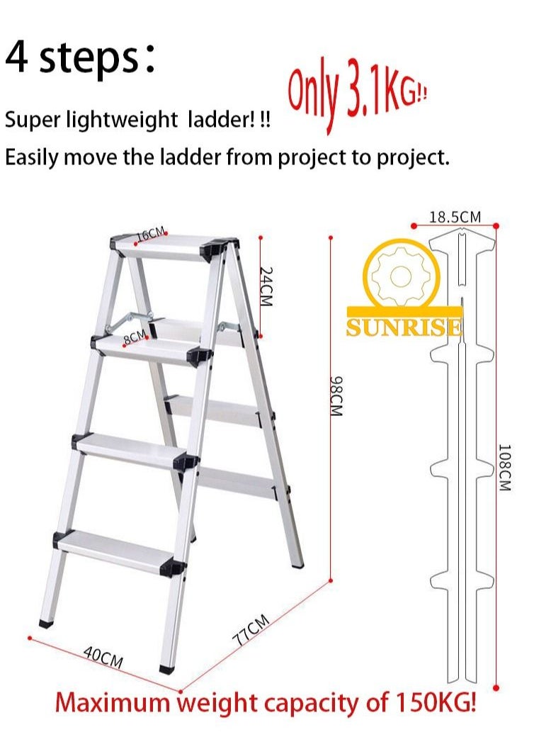 SUNRISE - Step Ladder Aluminum Folding Step 4 Steps Stool With Anti Slip Sturdy And Wide Pedal Portable Multi-Use Stepladder For Home And Kitchen Use Space Saving Lightweight Aluminum - Image 1