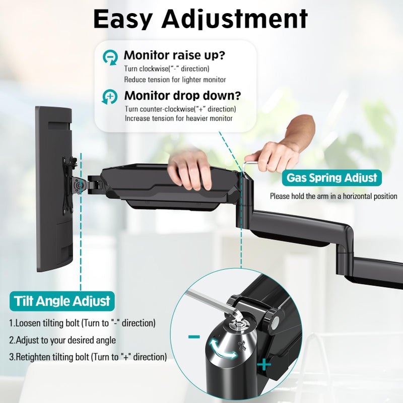 MOUNT PRO Triple Monitor Mount, 3 Monitor Desk Mount for Three Screens up to 32 Inch, Full Motion Gas Spring Heavy Duty Arm Hold up to 19.8lbs Each, Black - Image 3