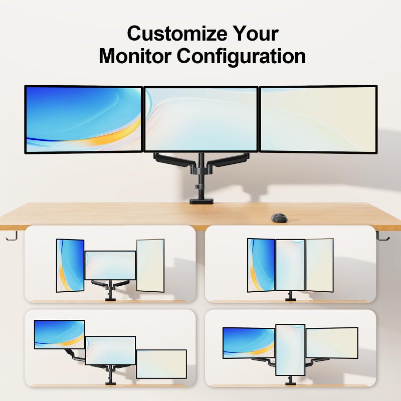 MOUNT PRO Triple Monitor Mount, 3 Monitor Desk Mount for Three Screens up to 32 Inch, Full Motion Gas Spring Heavy Duty Arm Hold up to 19.8lbs Each, Black - Image 5