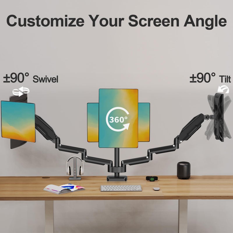 MOUNT PRO Triple Monitor Mount, 3 Monitor Desk Mount for Three Screens up to 32 Inch, Full Motion Gas Spring Heavy Duty Arm Hold up to 19.8lbs Each, Black - Image 4