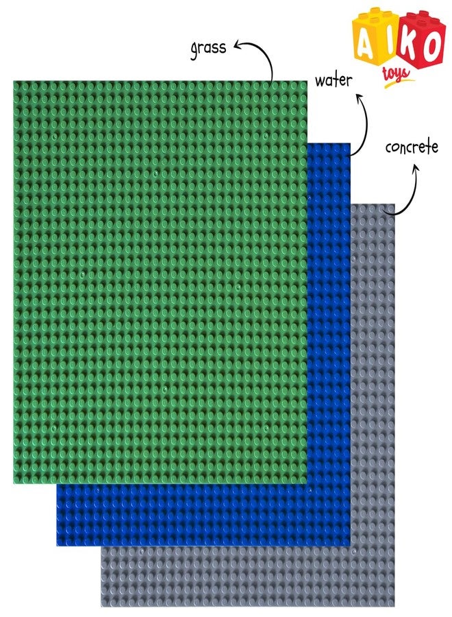 AIKO Classic Base Plate 32 x 32 Studs (10" x 10") | ABS Plastic Building Base | Compatible with Major Block Brands | Ideal Gift for Kids 4+ | Pack of 3 (Green, Blue, Grey) - Image 2