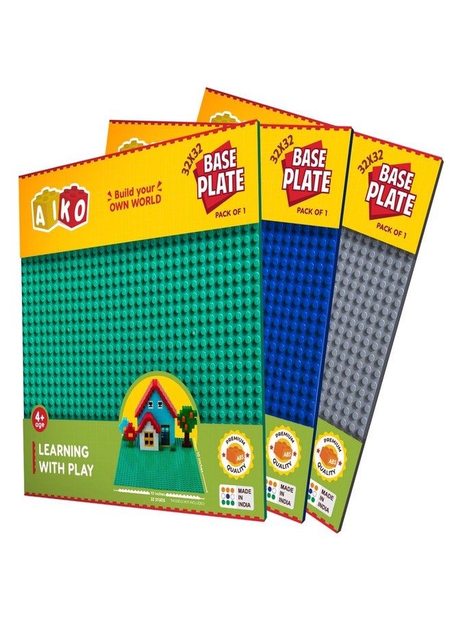 AIKO Classic Base Plate 32 x 32 Studs (10" x 10") | ABS Plastic Building Base | Compatible with Major Block Brands | Ideal Gift for Kids 4+ | Pack of 3 (Green, Blue, Grey) - Image 1