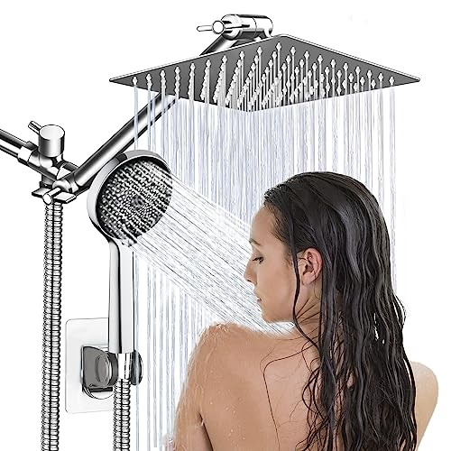 Ashwanth Shower Head,8”Rain Shower Head with Handheld Spray Combo with 11'' Angle Adjustable Extension Arm/Flow Regulator/Shower System,High Pressure Rainfall Shower Head Bathroom,Chrome - Image 1
