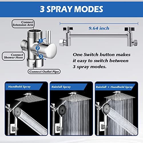 Ashwanth Shower Head,8”Rain Shower Head with Handheld Spray Combo with 11'' Angle Adjustable Extension Arm/Flow Regulator/Shower System,High Pressure Rainfall Shower Head Bathroom,Chrome - Image 3