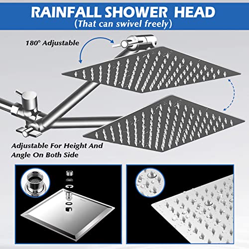 Ashwanth Shower Head,8”Rain Shower Head with Handheld Spray Combo with 11'' Angle Adjustable Extension Arm/Flow Regulator/Shower System,High Pressure Rainfall Shower Head Bathroom,Chrome - Image 4
