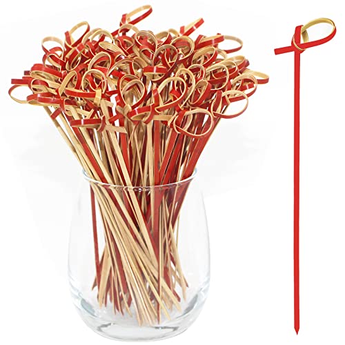 BLUE TOP Bamboo Cocktail Picks 200 PCS Red Bamboo Skewers 4 Inch with Looped Knot Food PicksParty Toothpicks for AppetizersCocktail DrinksBarbecue SnacksClub Sandwiches