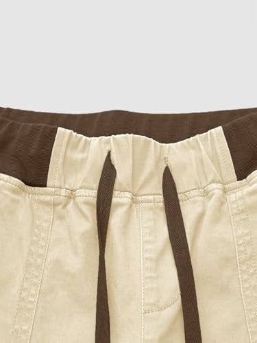 Flamingals Straight Leg Pants for Women Drawstring Waist Mid Rise Casual Solid Seam Detail Pants Beige White XL - Image 4