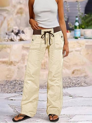 Flamingals Straight Leg Pants for Women Drawstring Waist Mid Rise Casual Solid Seam Detail Pants Beige White XL - Image 3