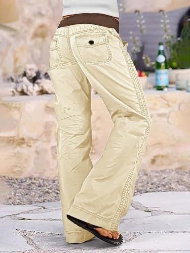 Flamingals Straight Leg Pants for Women Drawstring Waist Mid Rise Casual Solid Seam Detail Pants Beige White XL - Image 2