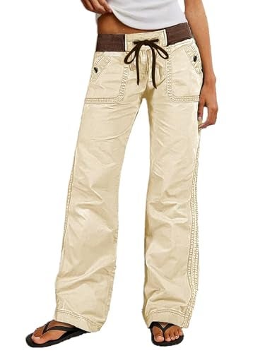 Flamingals Straight Leg Pants for Women Drawstring Waist Mid Rise Casual Solid Seam Detail Pants Beige White XL - Image 1