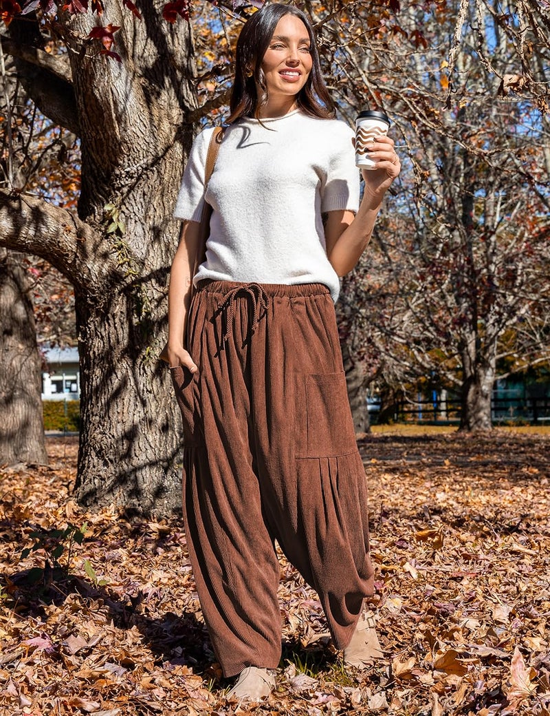 TARSE Women's Corduroy Pants Elastic Waist Drawstring Harem Wide Leg Loose Fit Barrel Lounge Pants with Pockets, Brown, L - Image 4