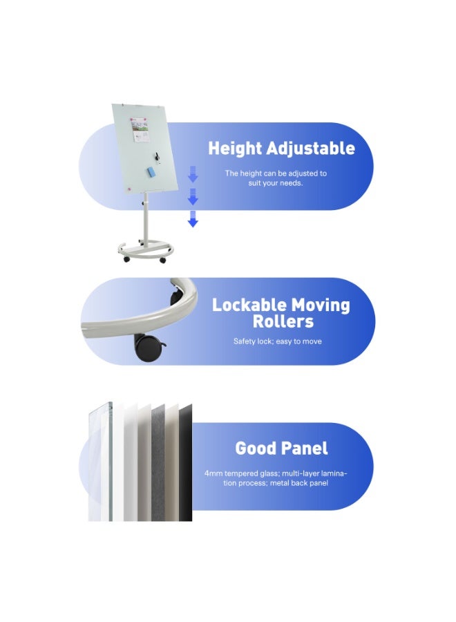 MaBaby Premium Magnetic Tempered Glass Whiteboard with Stand - Height Adjustable Mobile Dry Erase Board on Wheels, Rolling Glass Whiteboard with Lockable Casters, Magnetic Surface, for Office Classroom Home, Includes Markers, Eraser, Magnets - Image 5