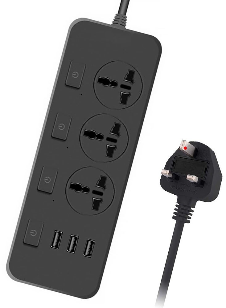 مقبس الطاقة العالمي 6 في 1، مع 3 مقابس و 3 منافذ USB، كابل تمديد مقبس التوصيل لشحن الهاتف  - Image 1