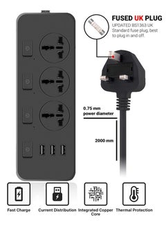 Generic 6 in 1 Power Universal Socket, with 3 sockets and 3 USB ports, Plug Socket Extension Cable For Phone Charging  - Image 2