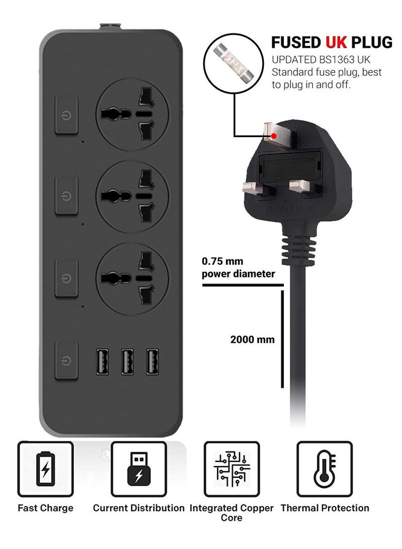 مقبس الطاقة العالمي 6 في 1، مع 3 مقابس و 3 منافذ USB، كابل تمديد مقبس التوصيل لشحن الهاتف  - Image 2