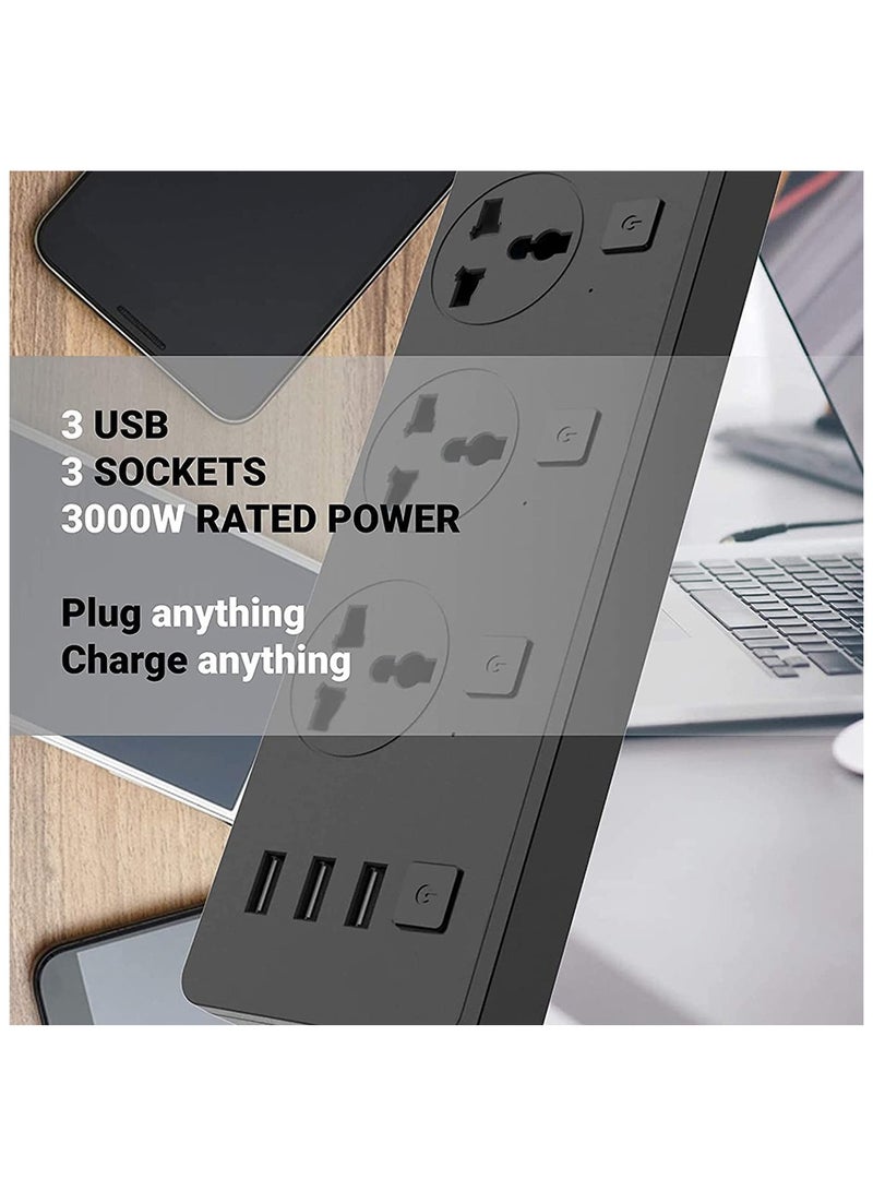مقبس الطاقة العالمي 6 في 1، مع 3 مقابس و 3 منافذ USB، كابل تمديد مقبس التوصيل لشحن الهاتف  - Image 4