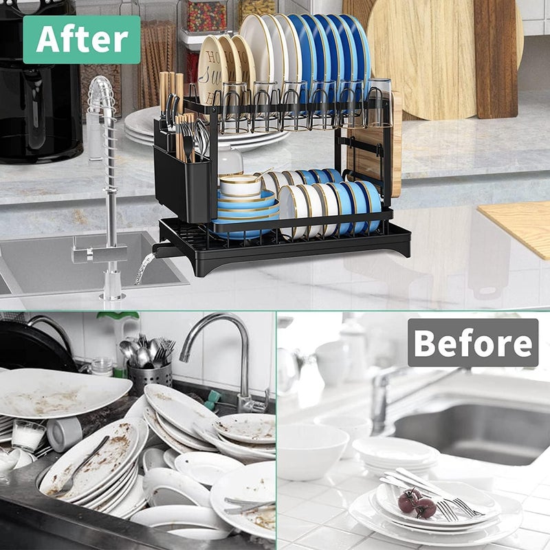 Glaceon Kitchen Dish Rack Dish Drainer 2 Tier Dish Drying Rack Dish Rack for Kitchen Counter Large Rustproof Sink Drainer Rack with Drip Tray Utensil Holder Black Kitchen Organizer Black1 - Image 4