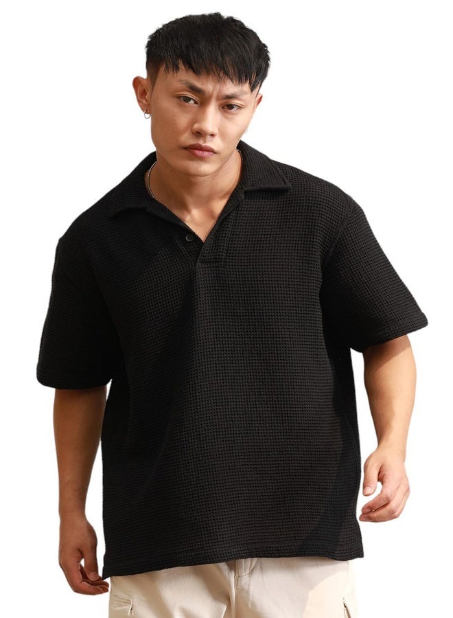 Hubberholme Men's Black 100% Cotton Solid Pattern Polo Oversized T-Shirt - Image 1